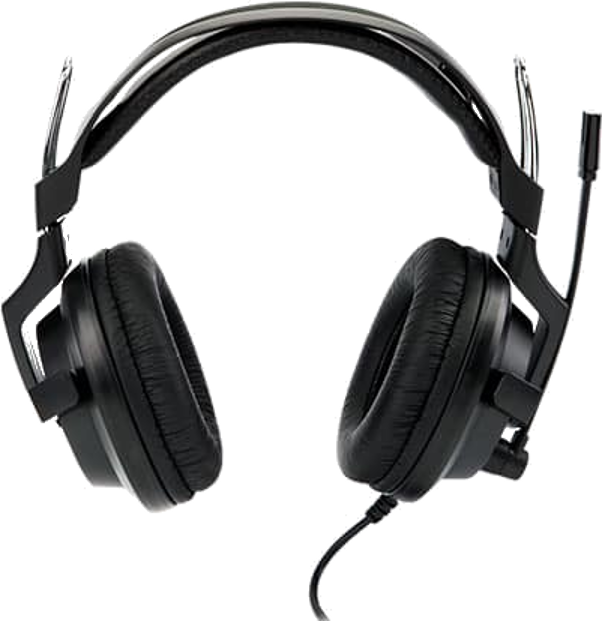 A black gaming headset with a microphone, seen against a black background.