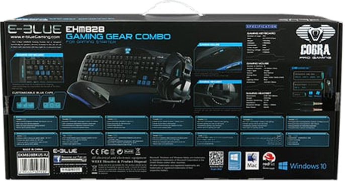 Gaming gear combo box showing keyboard, mouse, headset. Blue and black colors.