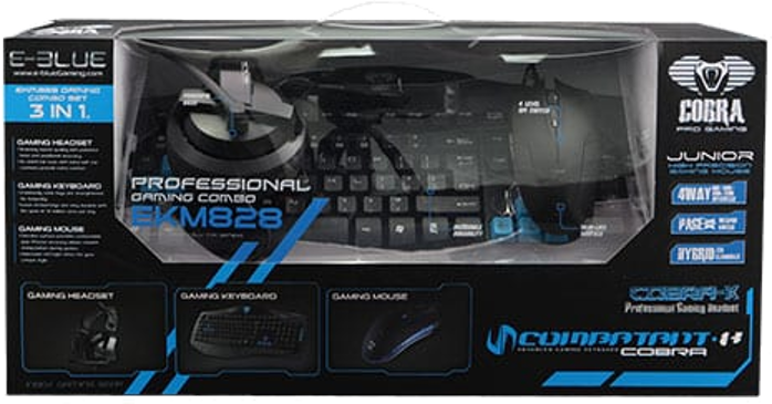 A gaming combo set in a box with a headset, keyboard and mouse. Blue accents and "COBRA" branding are visible.