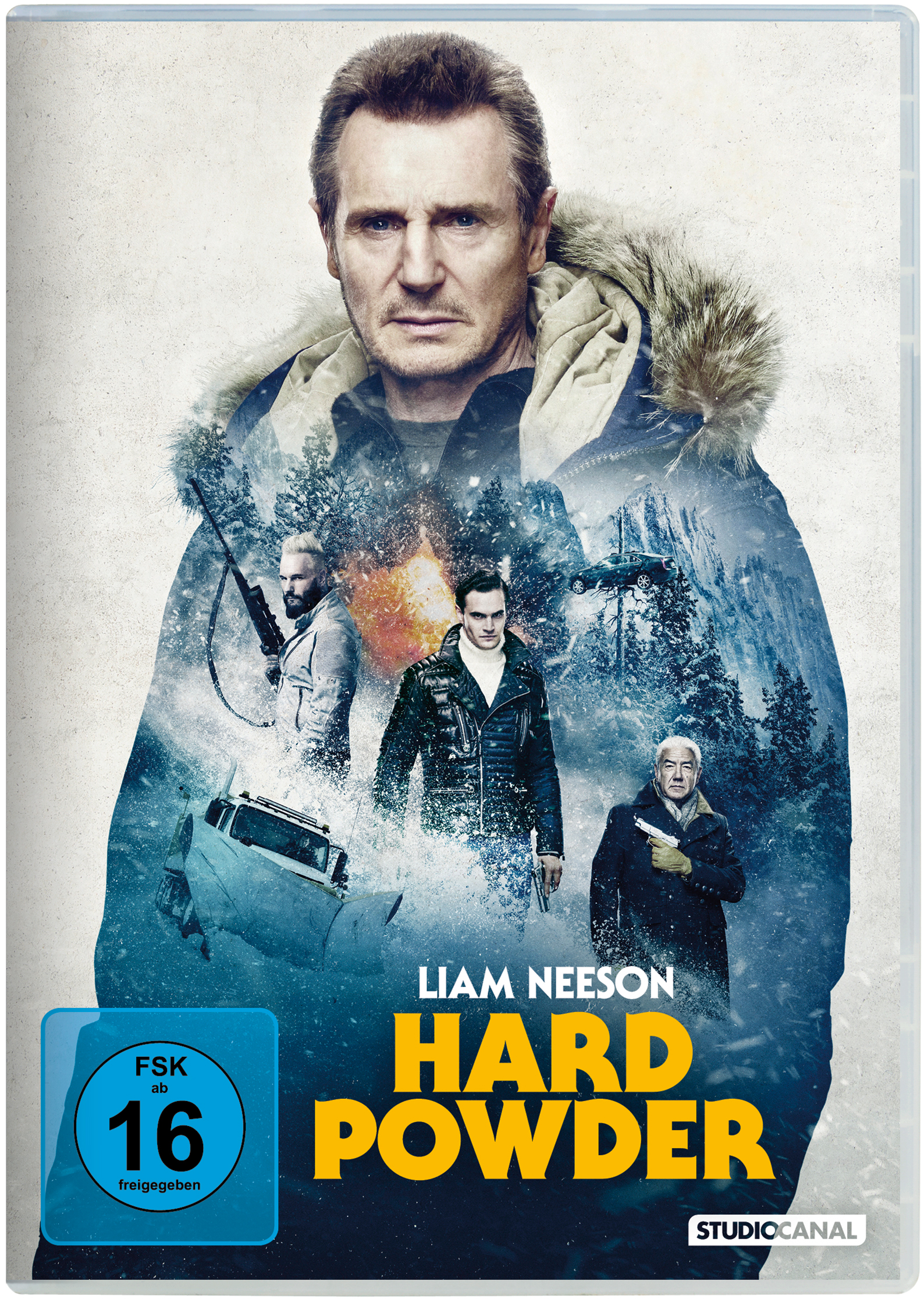 Filmcover mit Liam Neeson, Hard Powder Titel und Schauspielern.