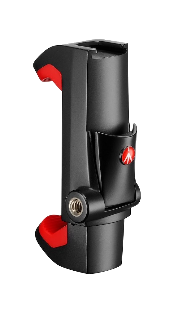 Fekete telefontartó piros díszítéssel és Manfrotto logóval, fekete háttéren.