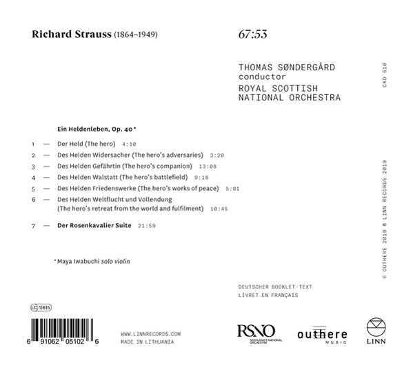 CD-Cover mit Titelliste und Credits für eine Aufnahme von Richard Strauss von Thomas Søndergård und dem RSNO.
