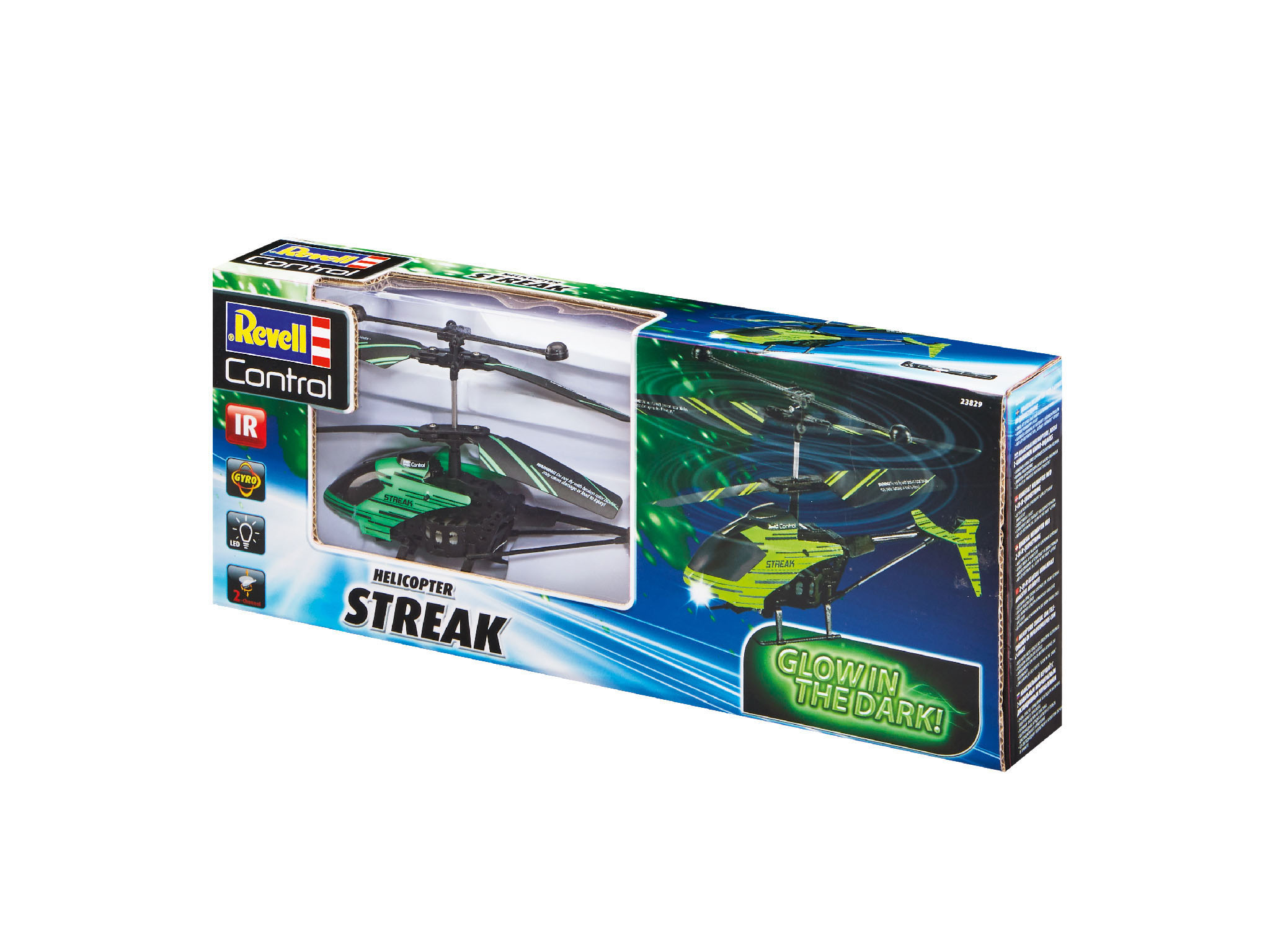 Ein Spielzeug-Helikopter in einer Box. Die Box zeigt den Helikopter und grüne Beleuchtung.