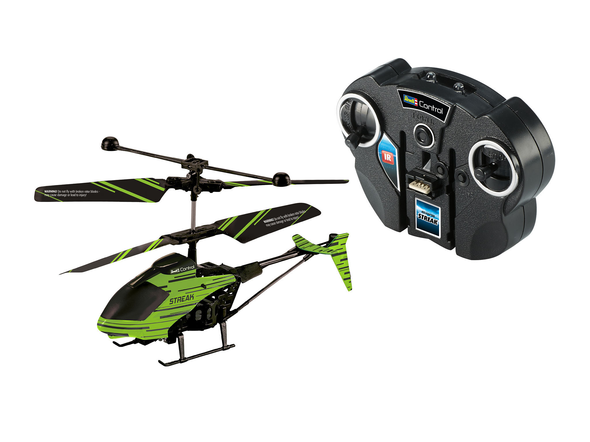 Ein grün-schwarzer ferngesteuerter Hubschrauber mit Controller auf weißem Hintergrund.