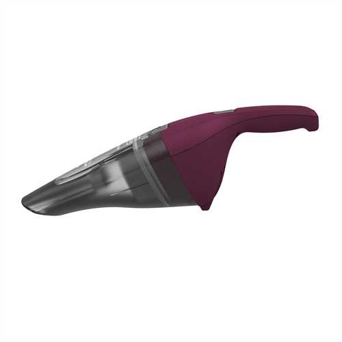 A handheld, cordless vacuum cleaner, burgundy and clear plastic.