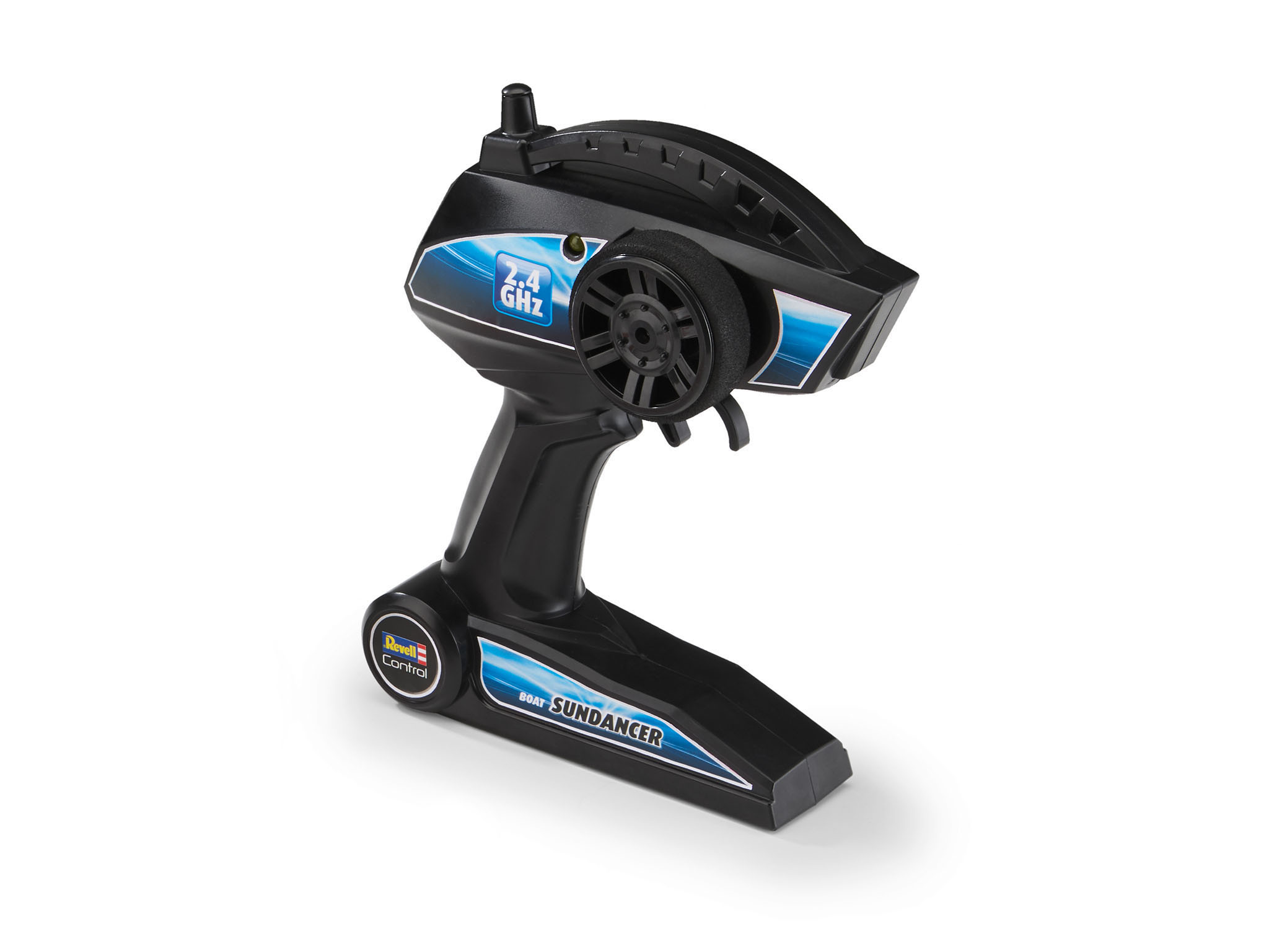 Schwarze Fernbedienung für ein Spielzeugboot, mit blauen und weißen Designelementen.