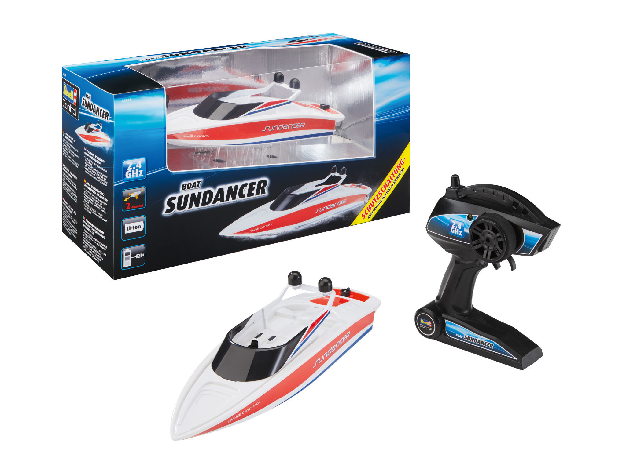 Ein Spielzeugboot und eine Fernbedienung, verpackt in einer Box.