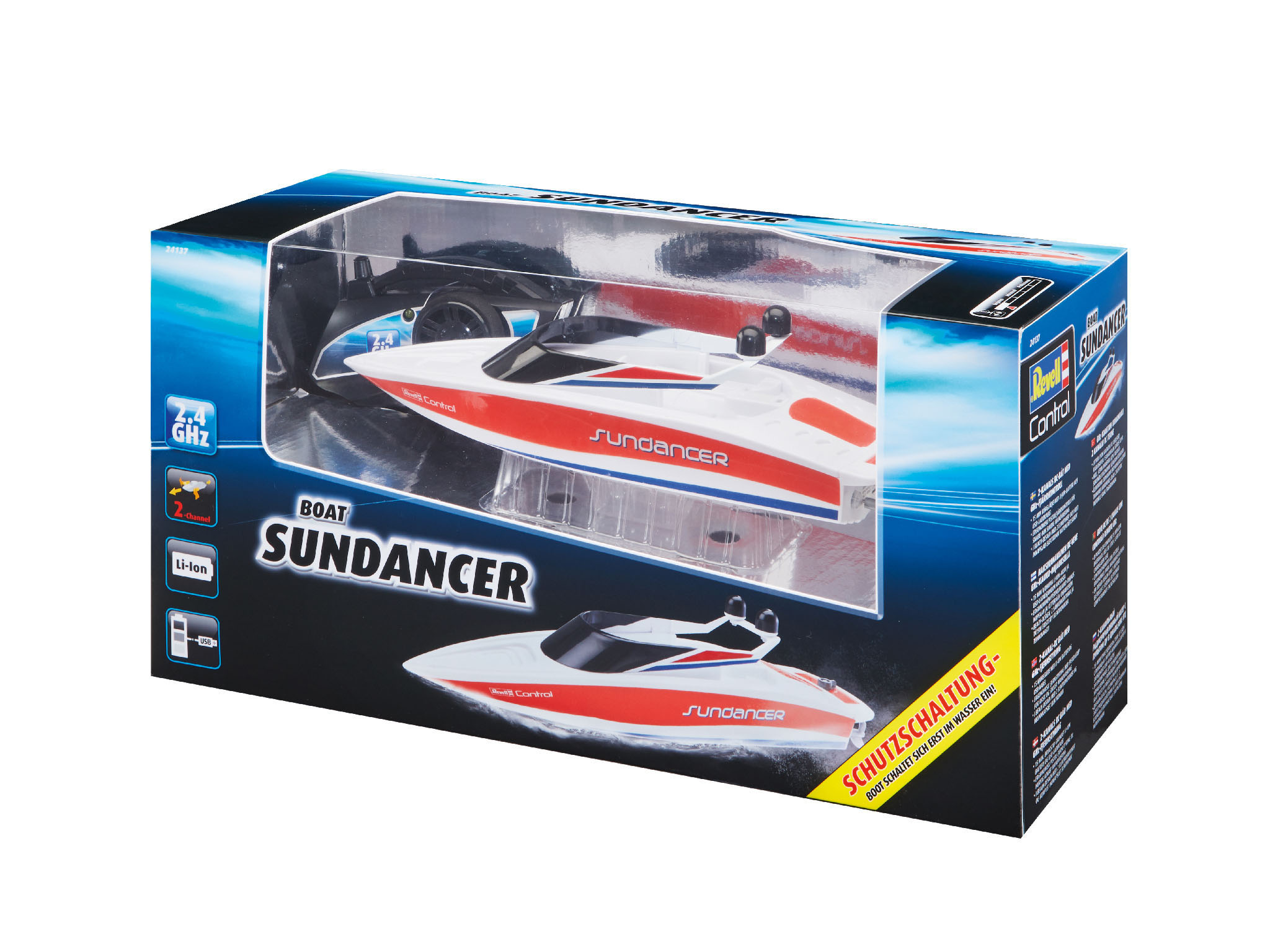 Modellboot in seiner Verpackung, weißes und rotes Design, 'Sundance' und 'Boat' sind darauf geschrieben.