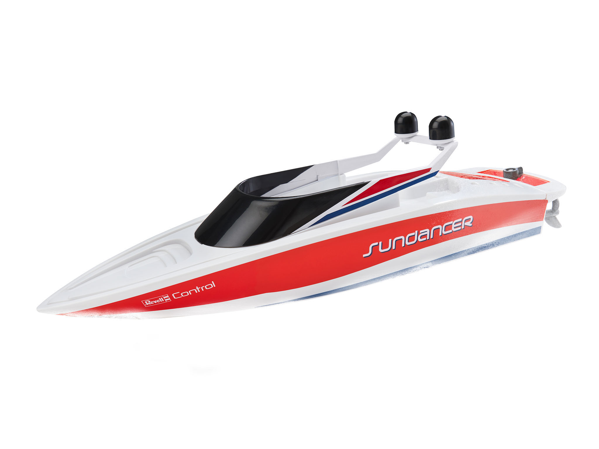 Ein rot-weißes Spielzeugboot mit dem Wort 'SUNDANCER' darauf.