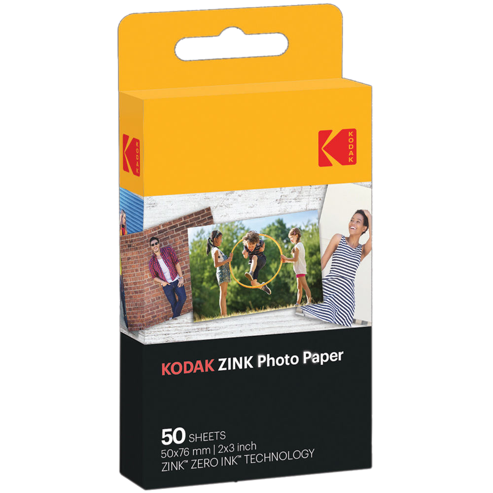 Kodak ZINK fotópapír doboz, rajta emberek fotóival. Sárga és fekete színek.