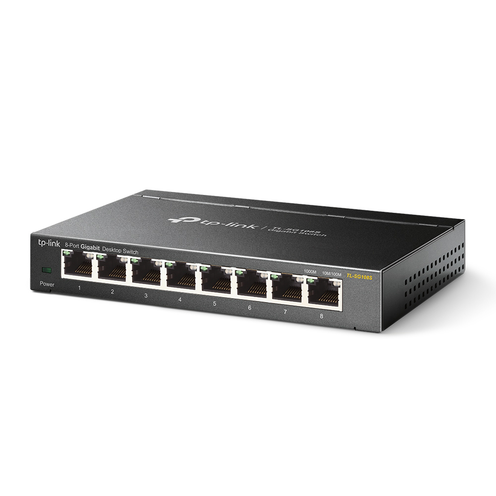 Black network switch with 8 ports. It has a power indicator and ethernet ports.