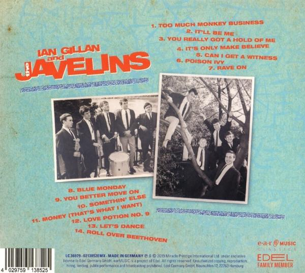 CD-Cover mit einer Gruppe von Männern in Anzügen, einige auf einem Baum. Titelliste rechts.