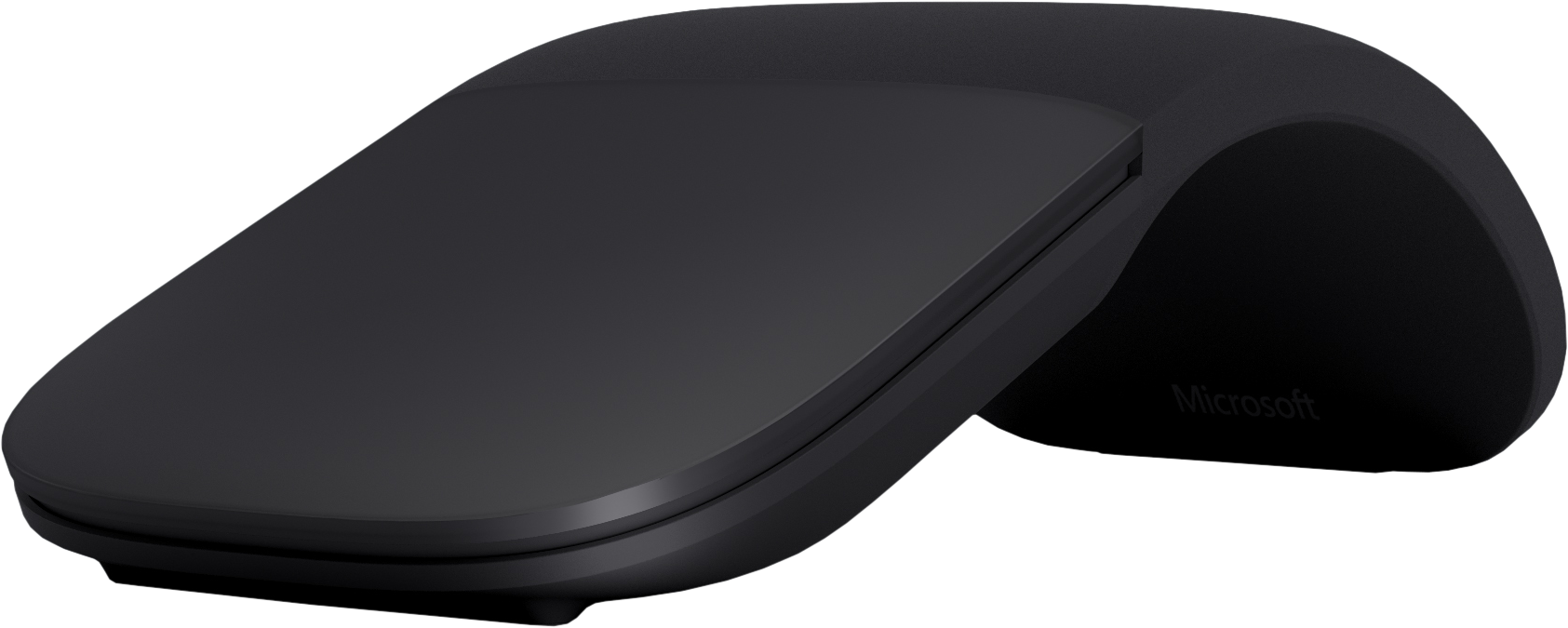 Mouse Microsoft Arc nero piegato. È liscio e ha un design minimalista.