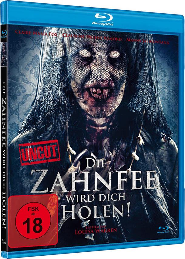 Blu-ray-Cover eines Horrorfilms mit einem gruseligen Gesicht. Der Titel lautet auf Deutsch: Die Zahnfee.