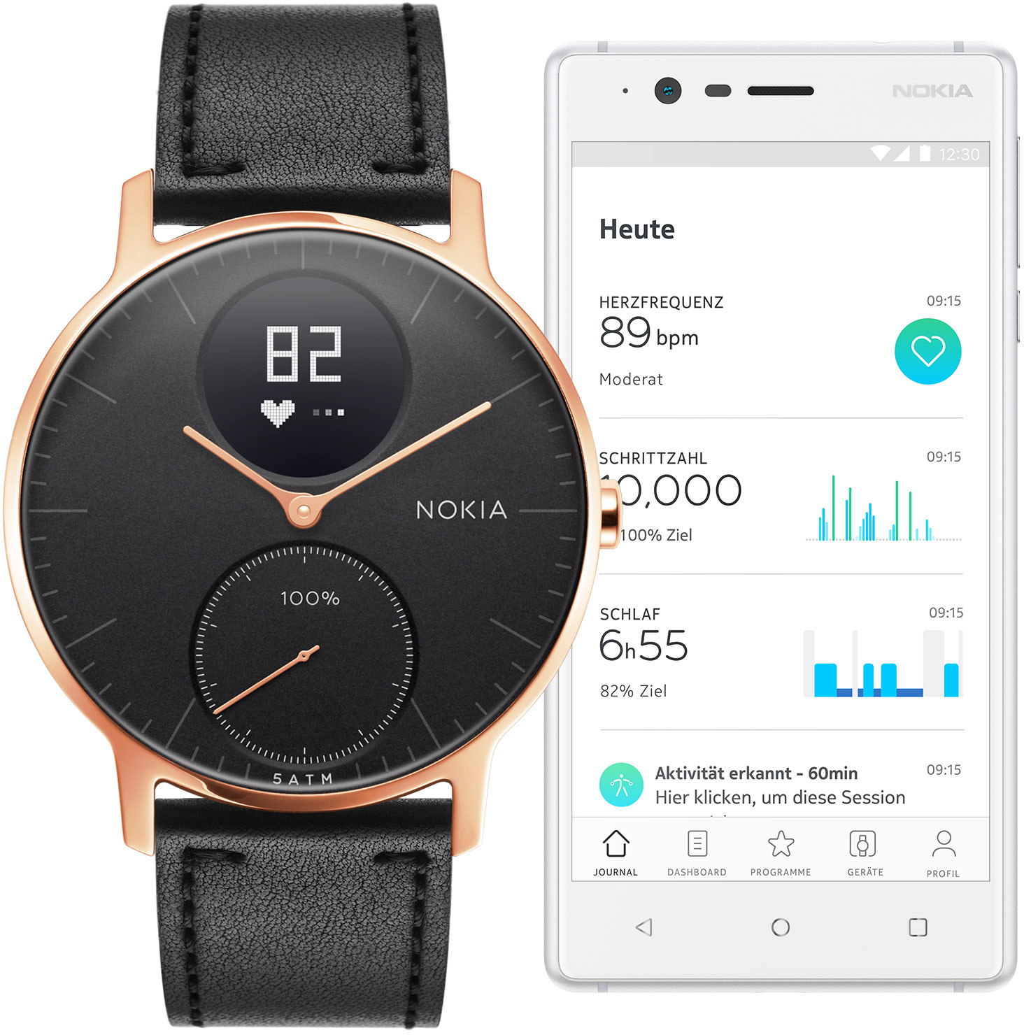NOKIA Steel HR Fitnesstracker Edelstahl Echtleder, 200 mm, Schwarz