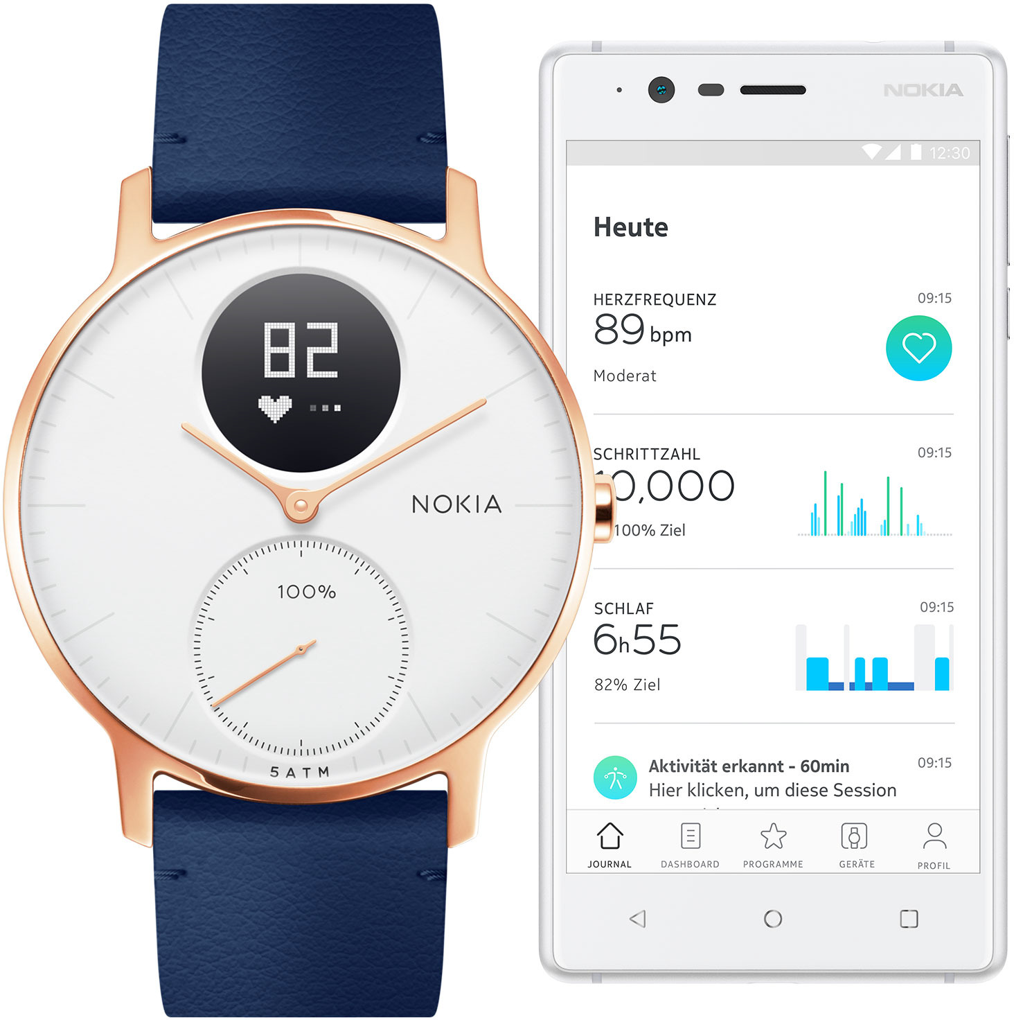 NOKIA Steel HR Fitnesstracker Edelstahl Echtleder, 200 mm, Weiß