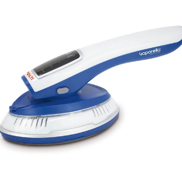 Un vaporizador de ropa portátil azul y blanco. Tiene una base y una pantalla digital.