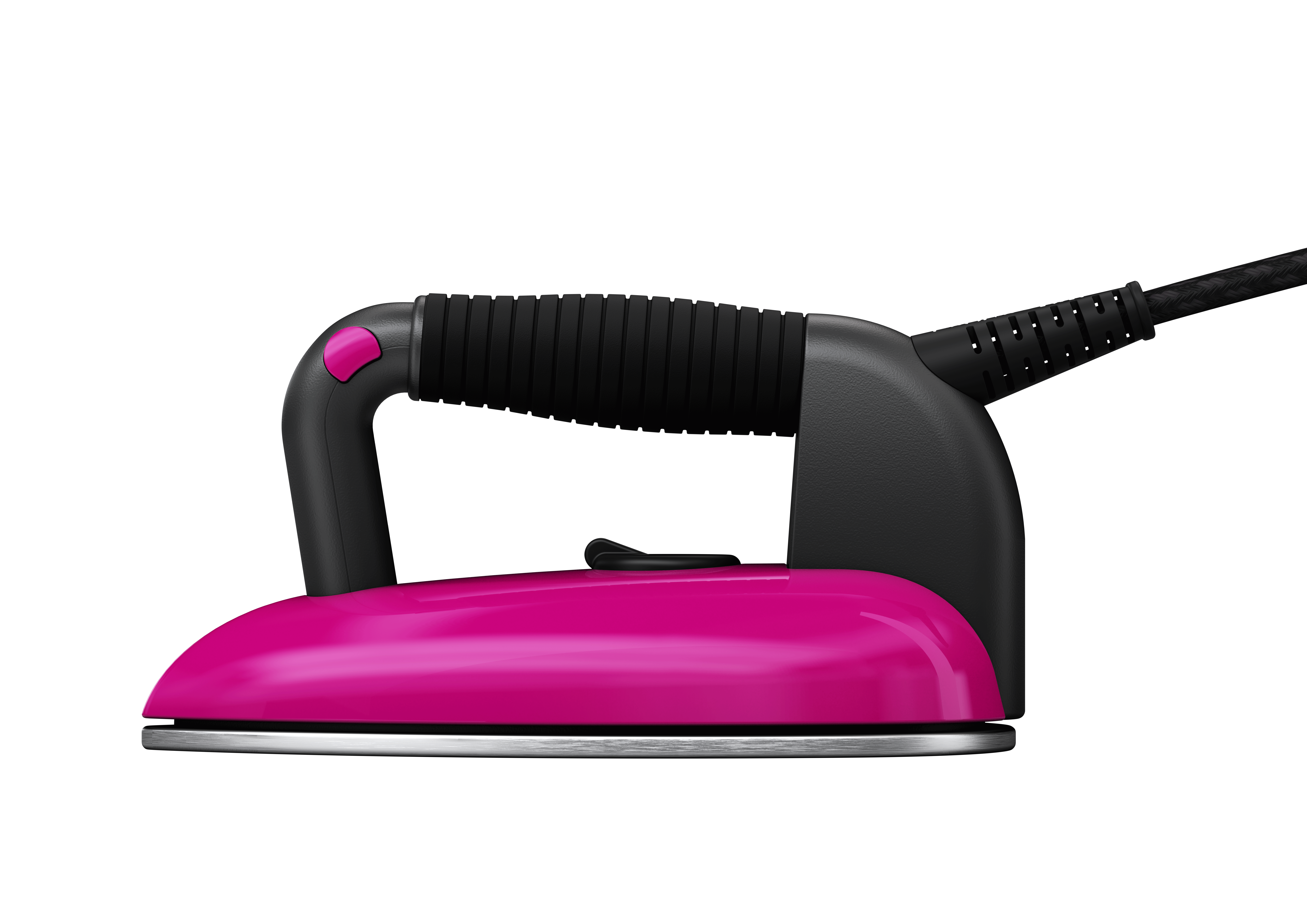 Fer à repasser rose avec poignée et cordon noirs. La semelle est argentée. Fond noir.