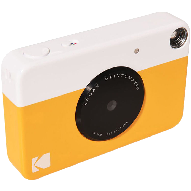 Sárga-fehér Kodak Printomatic kamera. Fekete lencse. Fehér gomb. Kodak logó alul.