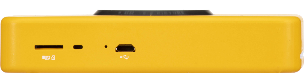 Sárga készülék portokkal. Van Micro SD, egy kis port és egy USB port.