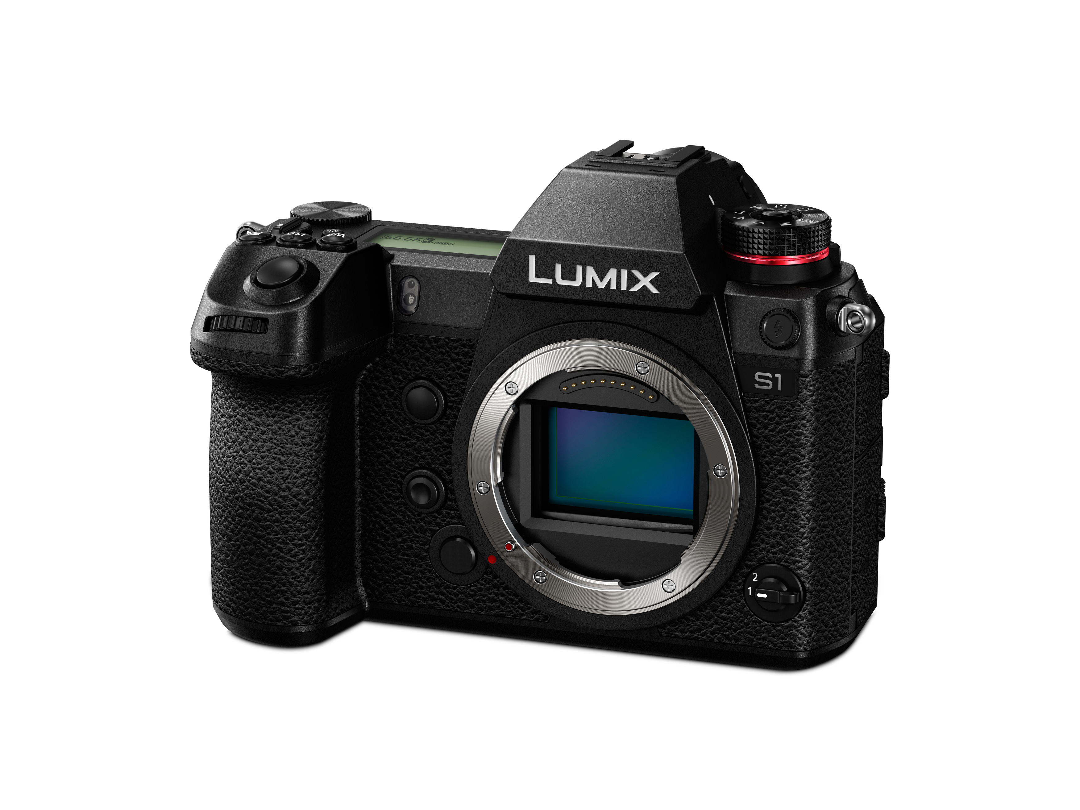 Eine schwarze Kamera mit Objektiv auf weißem Hintergrund. Die Marke LUMIX ist sichtbar.