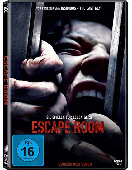 DVD-Hülle mit einem Bild eines verängstigten Gesichts hinter Gittern, Titel 'Escape Room'.