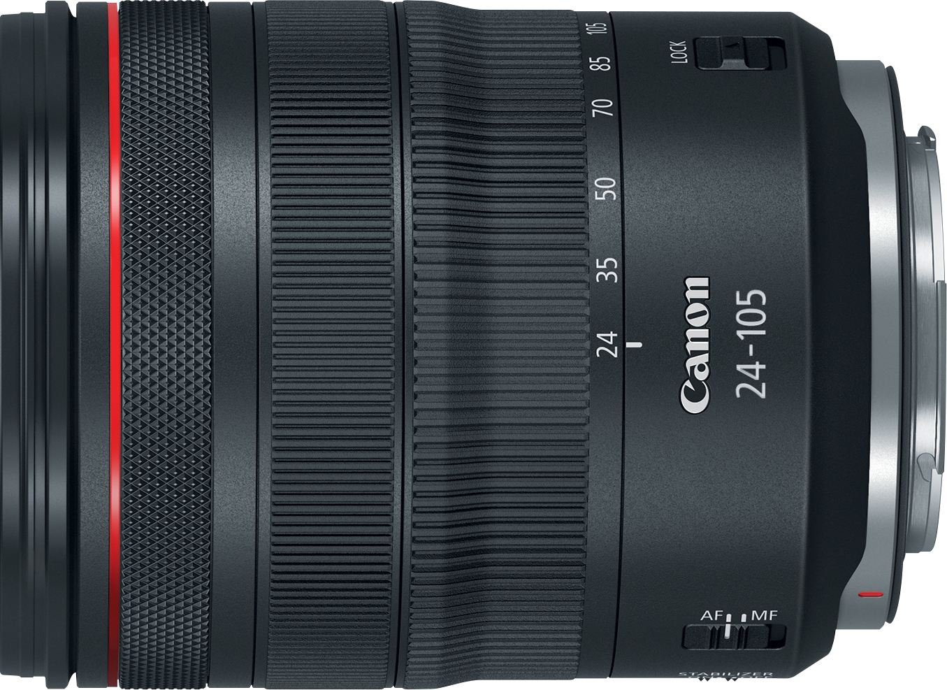 Canon 24-105 mm-es objektív. Az objektív fekete, piros díszítéssel. A vezérléshez gyűrűk vannak rajta.