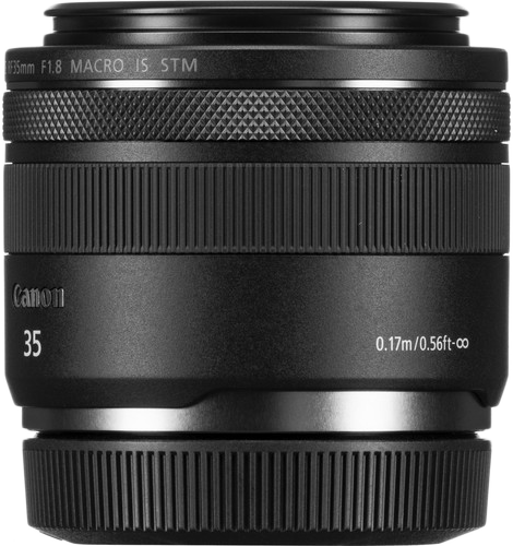 Canon 35mm F1.8 Macro IS STM objektív. Fekete objektív bordázott fogantyúval, jelölésekkel és objektívsapkával.