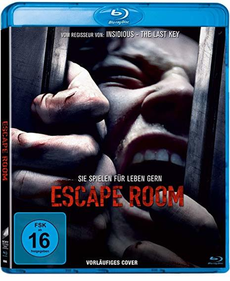 Escape Room Blu-ray-Cover. Ein Gesicht, das an Stäben gepresst ist, eine Hand, die sich ausstreckt, und der Titel.