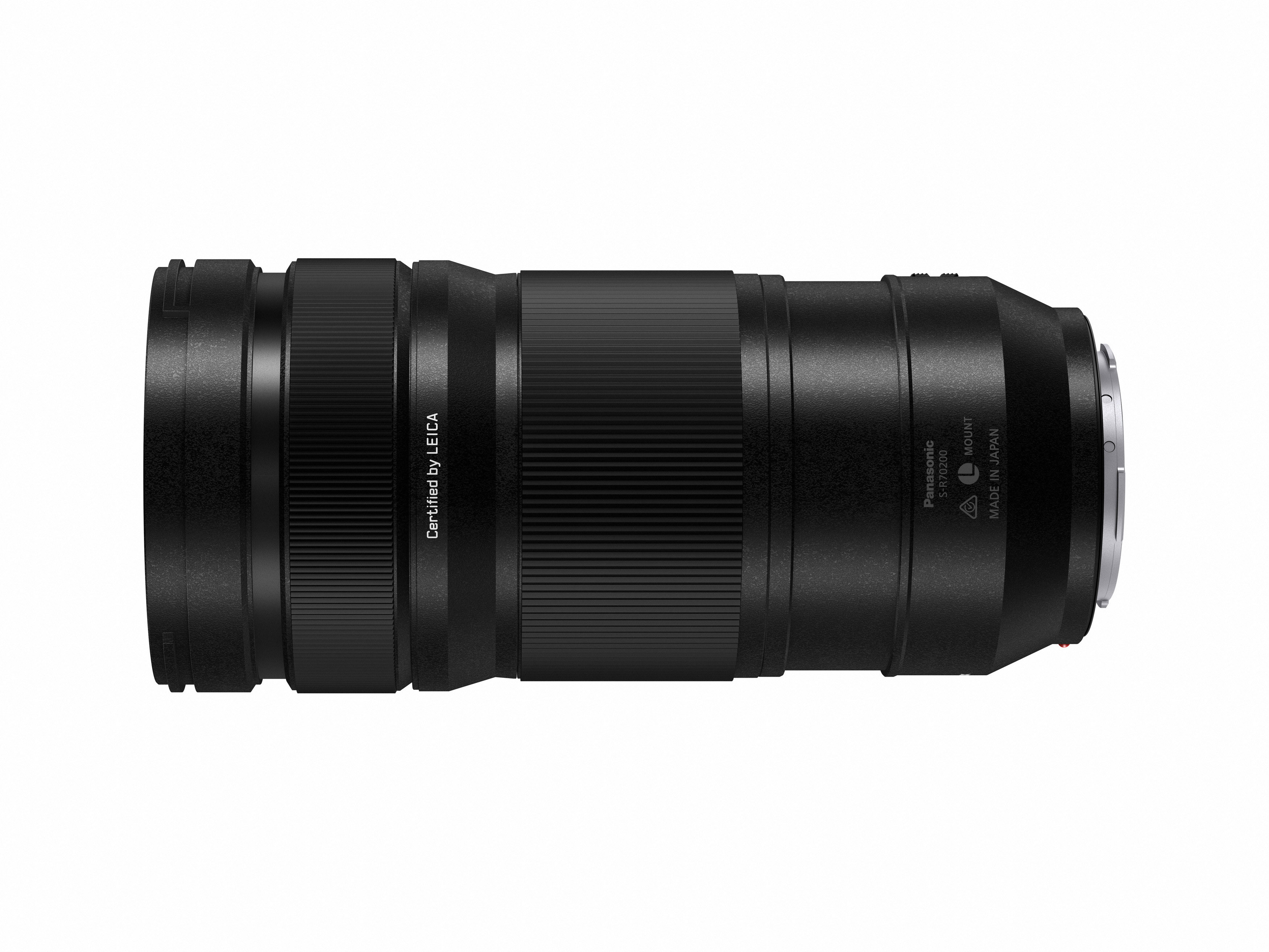 Schwarzes Kameraobjektiv mit Leica-Branding, liegt horizontal.
