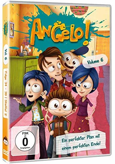 Angelo! DVD-Cover Band 6, Zeichentrickfiguren auf dem Cover. Gelb, orange und blau.