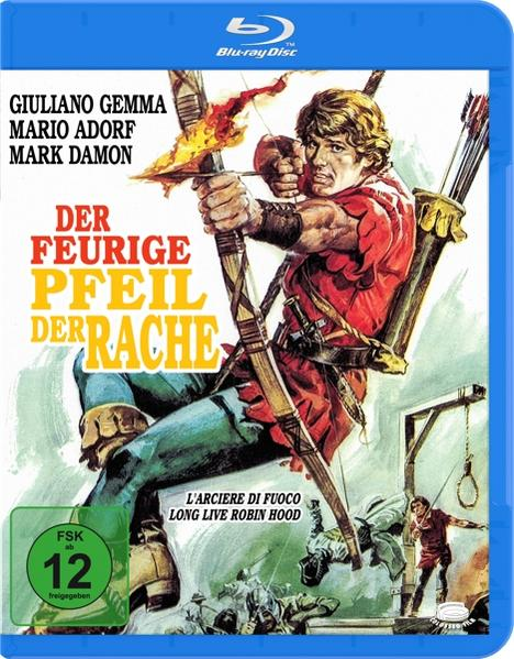 Filmcover: 'Der feurige Pfeil der Rache.' Ein Mann zielt mit einem Bogen. Text und Bilder dominieren.