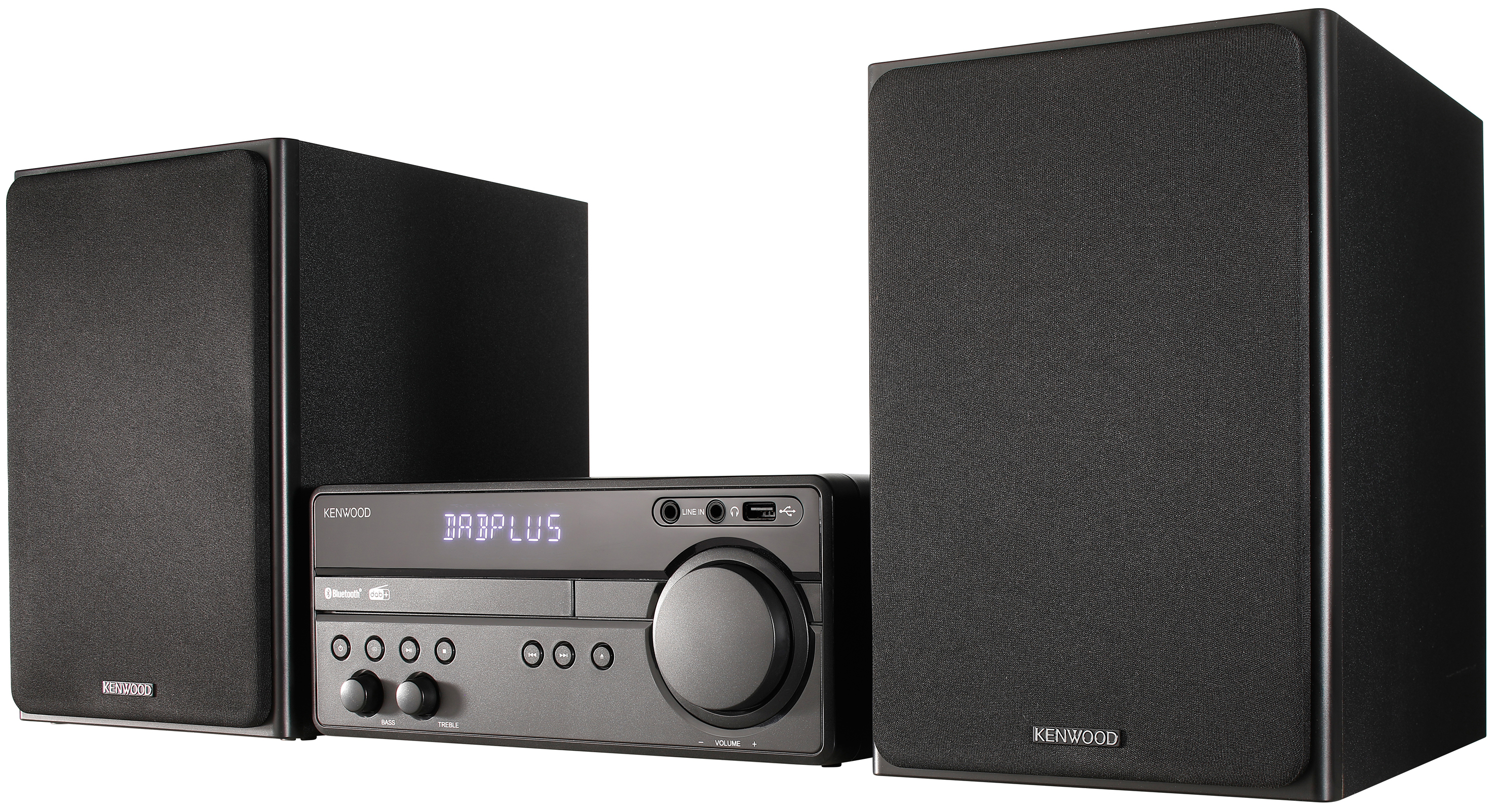 Schwarzes Stereo-System mit zwei Lautsprechern und einer Zentraleinheit mit Knöpfen und Display. Kenwood Marke.