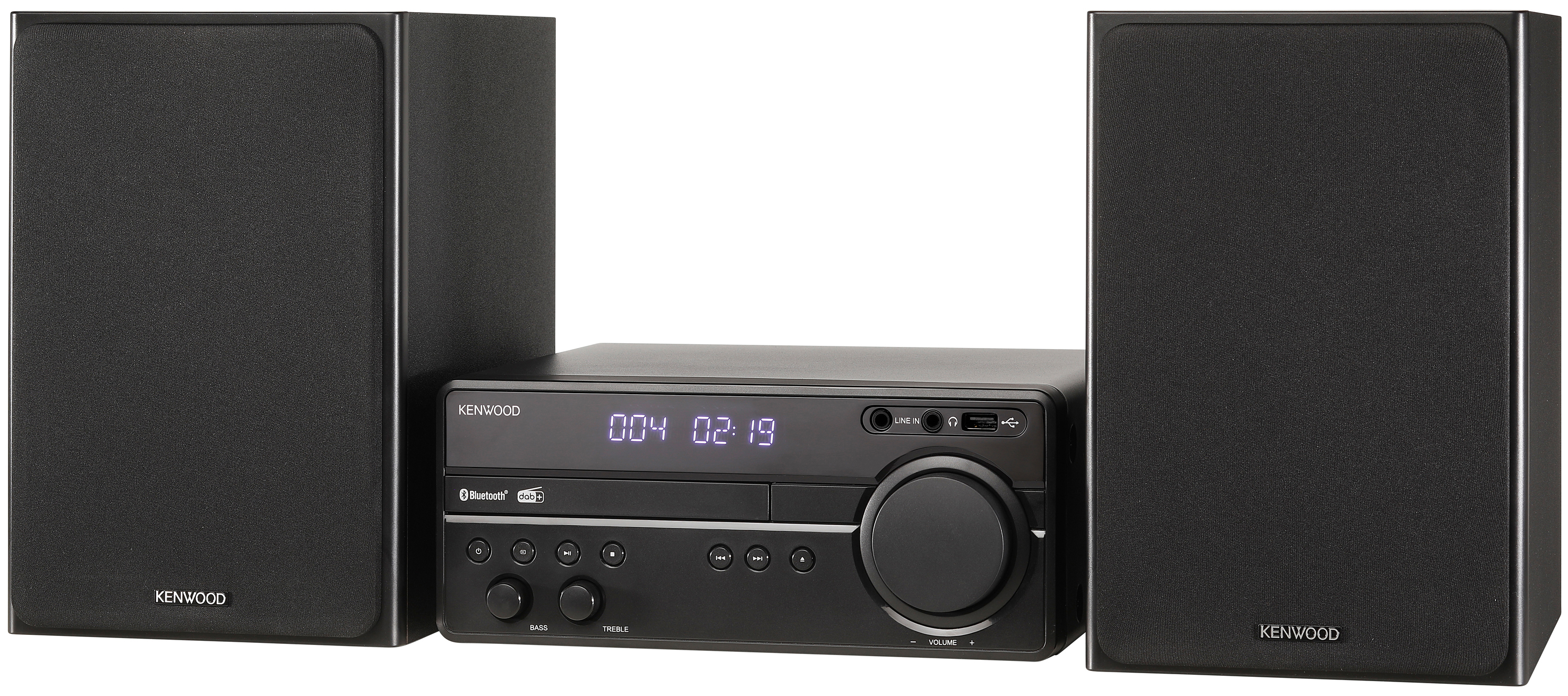Ein schwarzes Kenwood-Stereosystem mit zwei Lautsprechern. Die Stereoanlage befindet sich in der Mitte und hat einen Bildschirm.