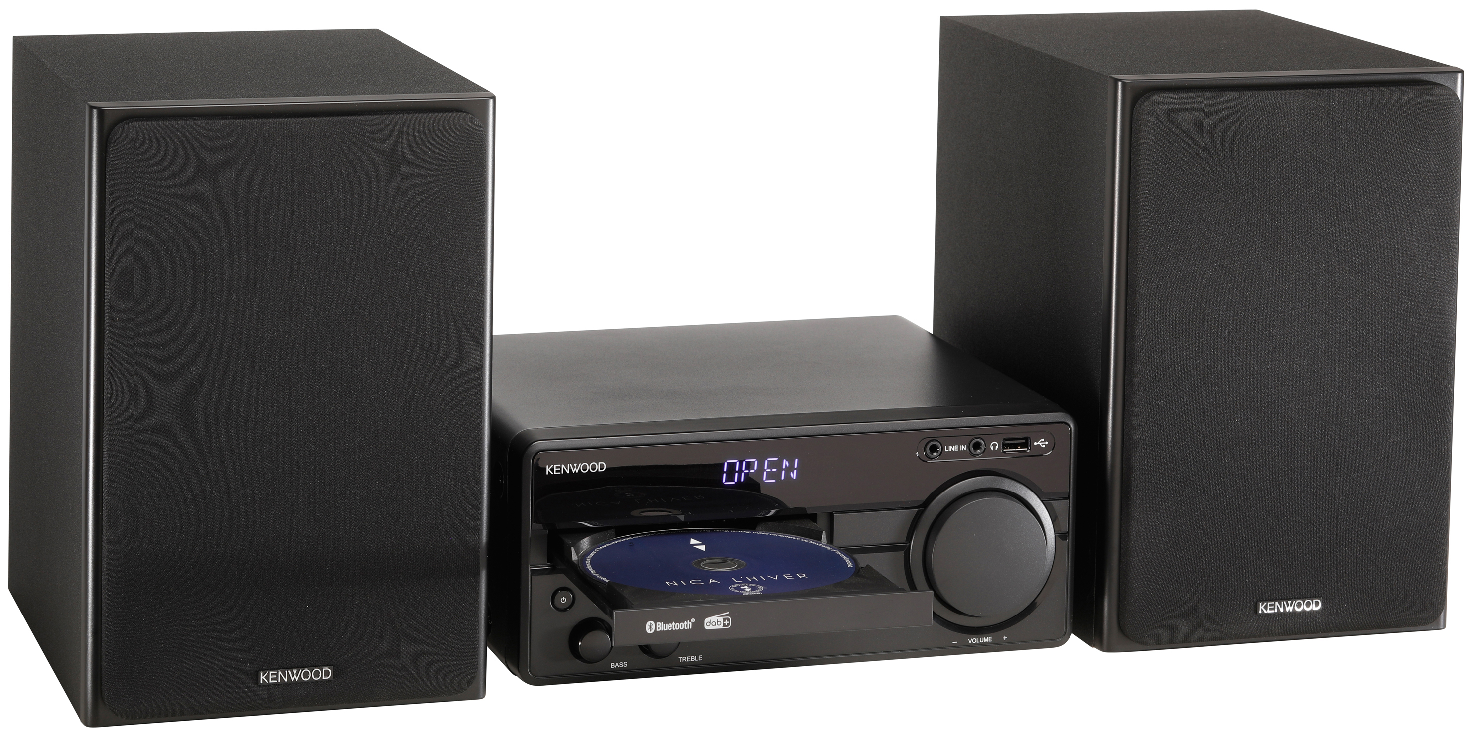 Schwarzes Kenwood Stereoanlage mit Lautsprechern und CD-Player.