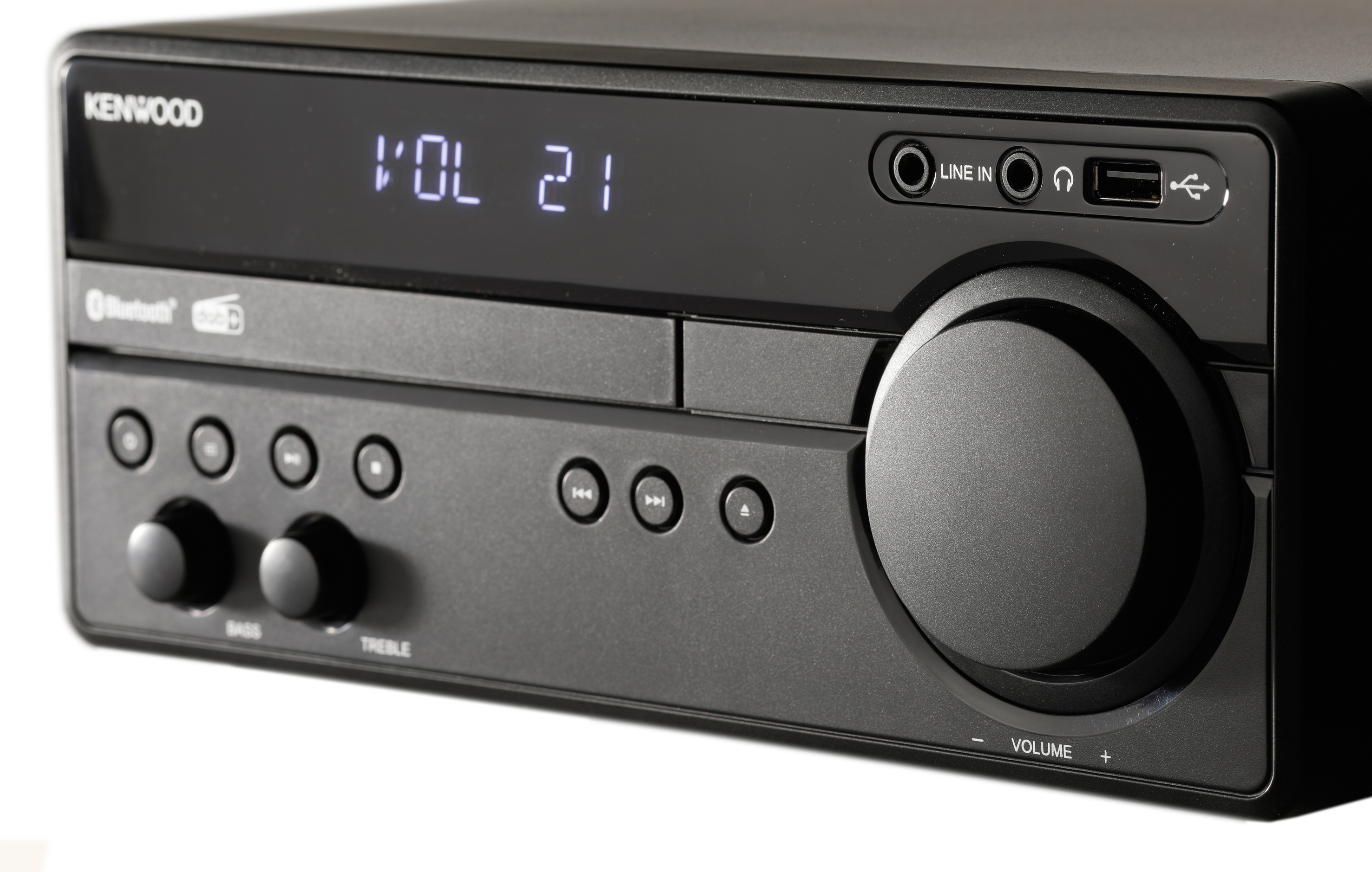 Ein schwarzer Stereo-Receiver mit Lautstärkeregler und Display mit 'VOL 21'.