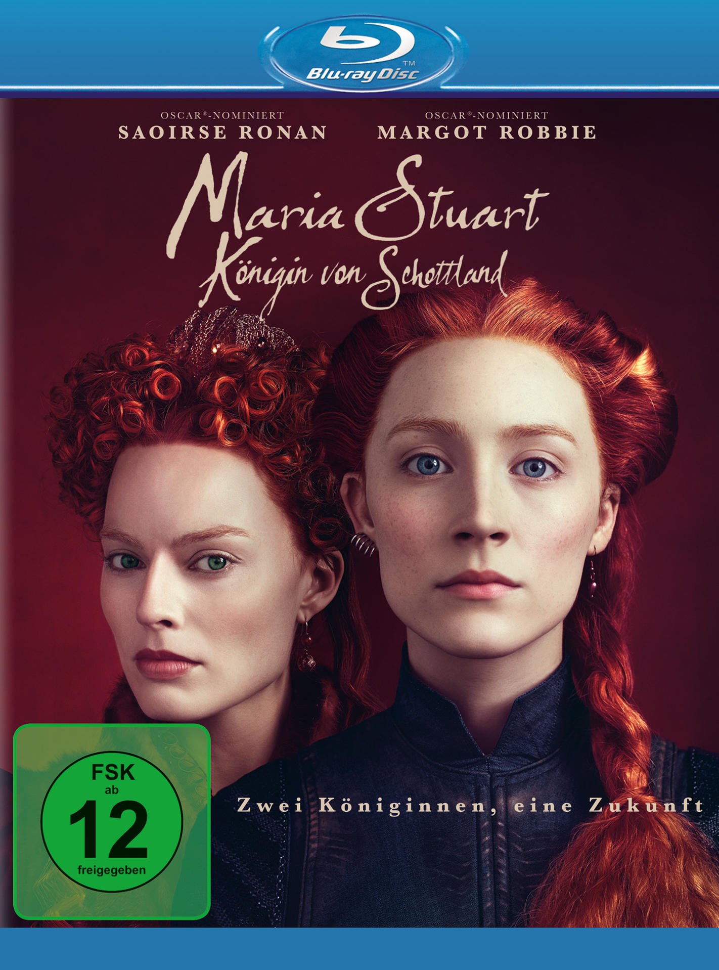 Filmcover: Zwei Frauen schauen nach vorne, Titel Maria Stuart, und Schauspielerinnen Saorise Ronan, Margot Robbie.