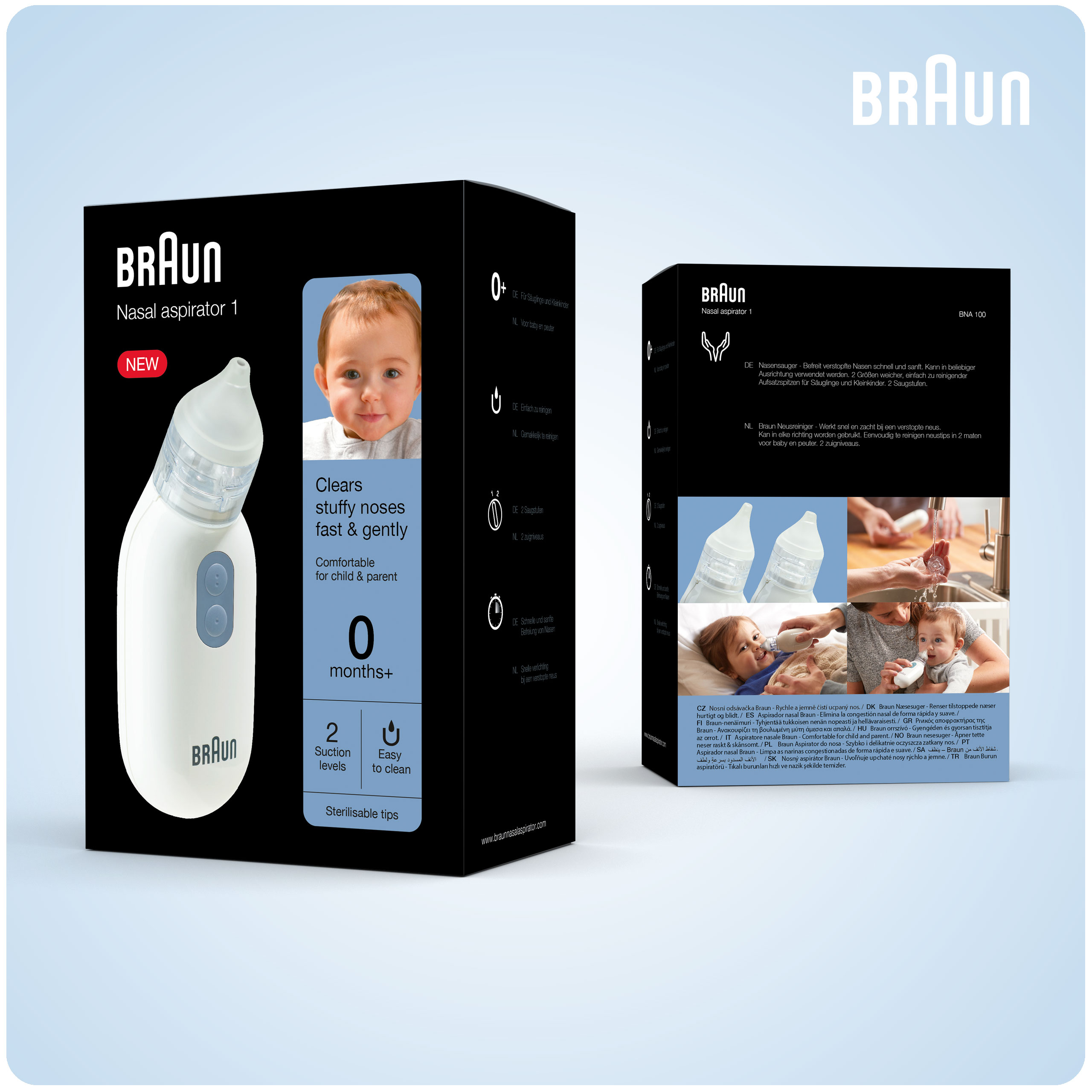 Braun Nasensauger-Boxen mit Baby und Info.