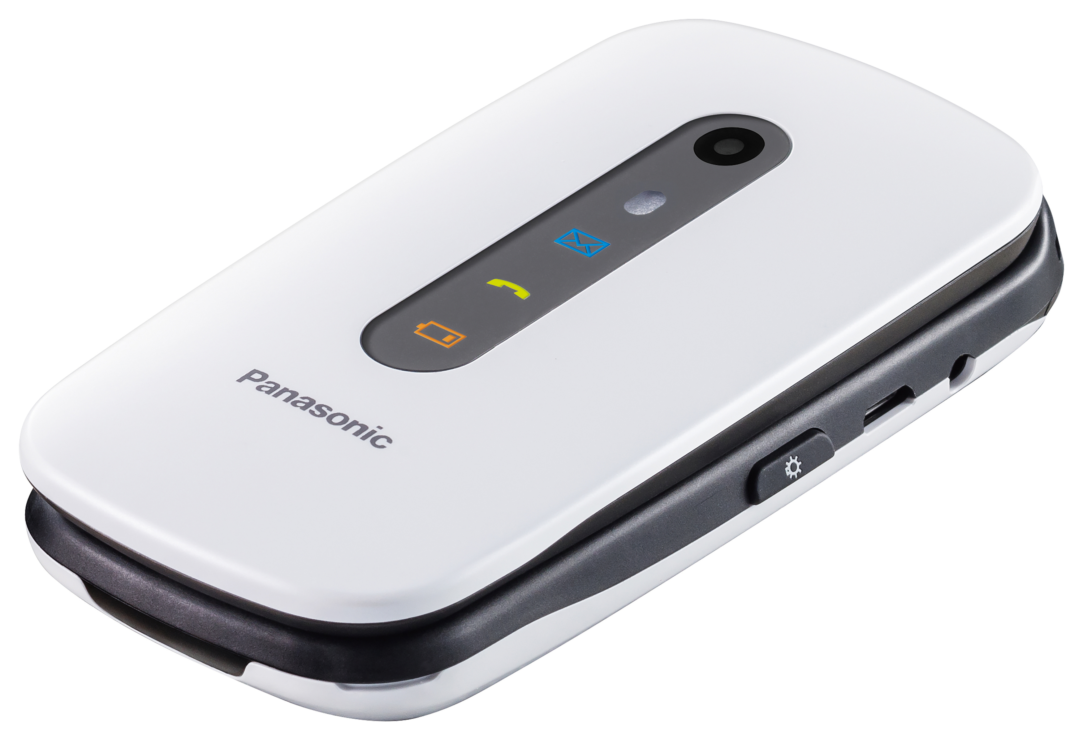 Weißes Panasonic Klapphandy. Geschlossen. Mit Tasten, Kamera und kleinem Bildschirm.