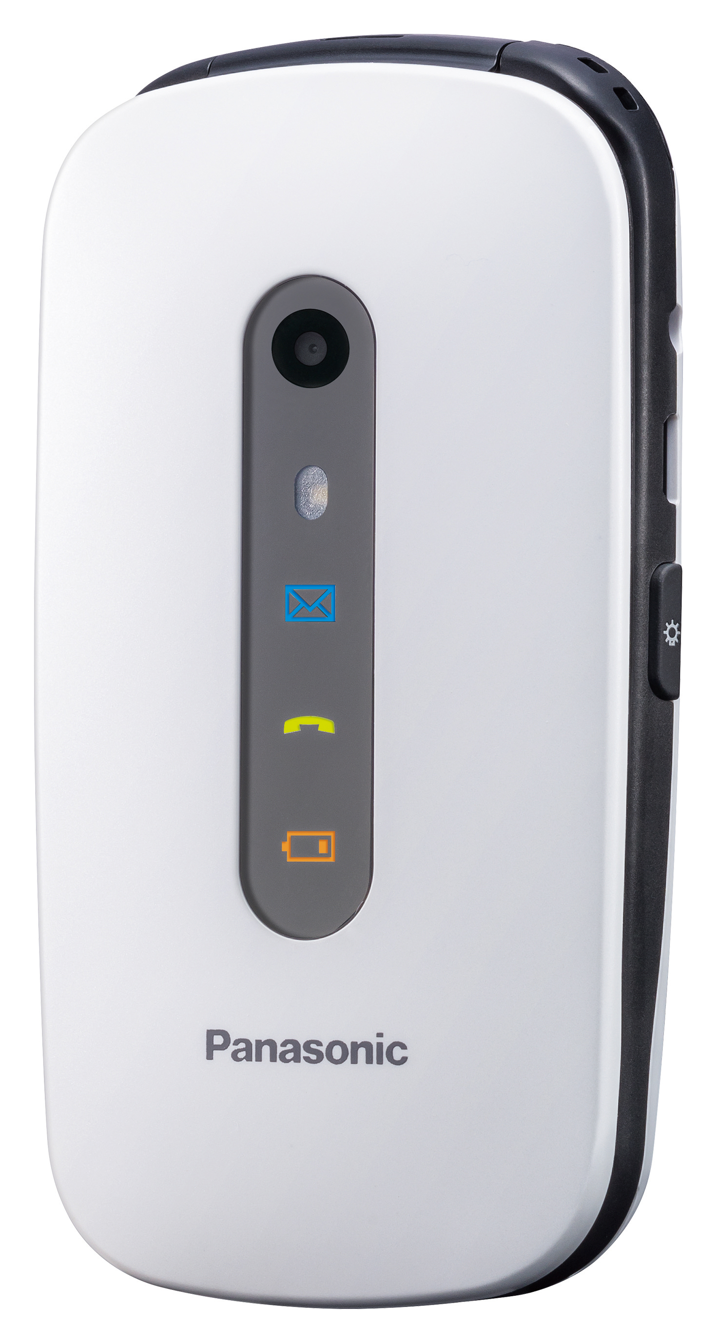 Weißes und schwarzes Panasonic Klapphandy mit Kamera und Kontrollleuchten. Grauer Akzent.