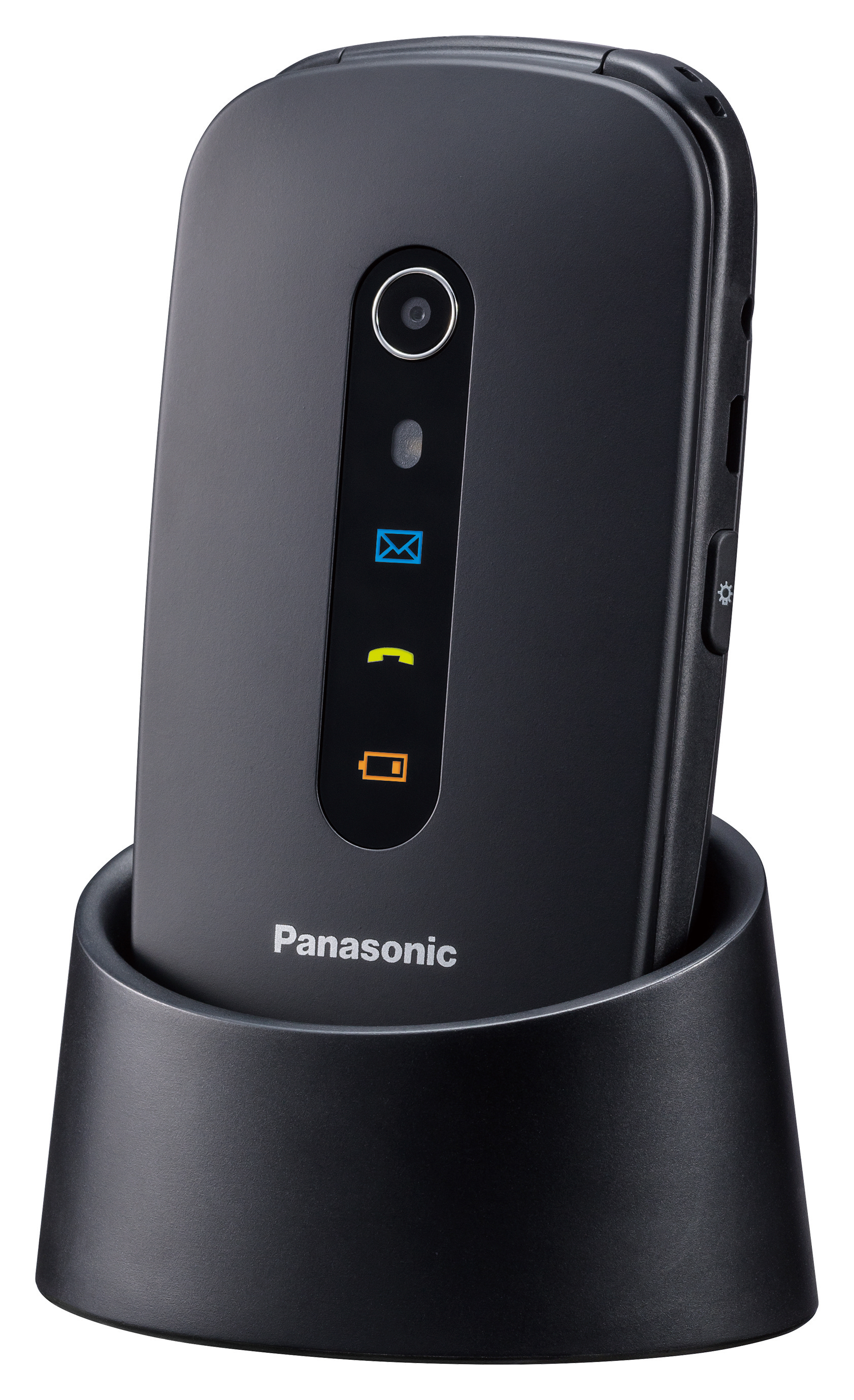 Schwarzes Panasonic-Klapphandy in einer schwarzen Halterung.