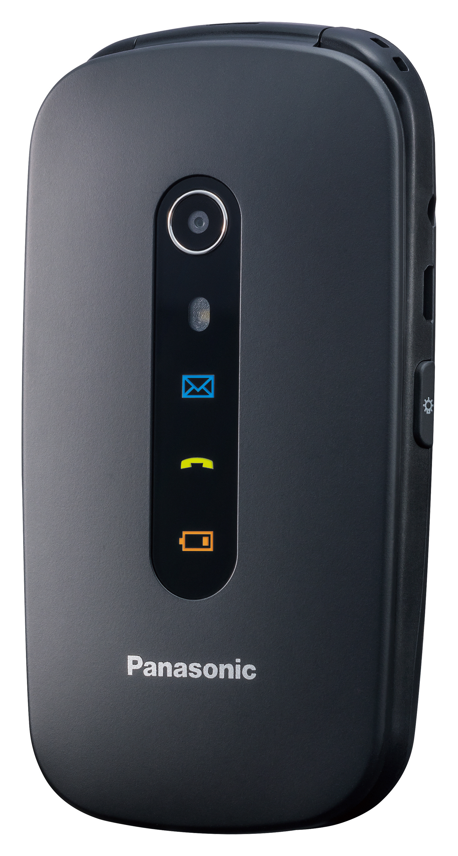 Ein dunkelgraues Panasonic Klapphandy mit Symbolen für Nachrichten, Anrufe und Akku.