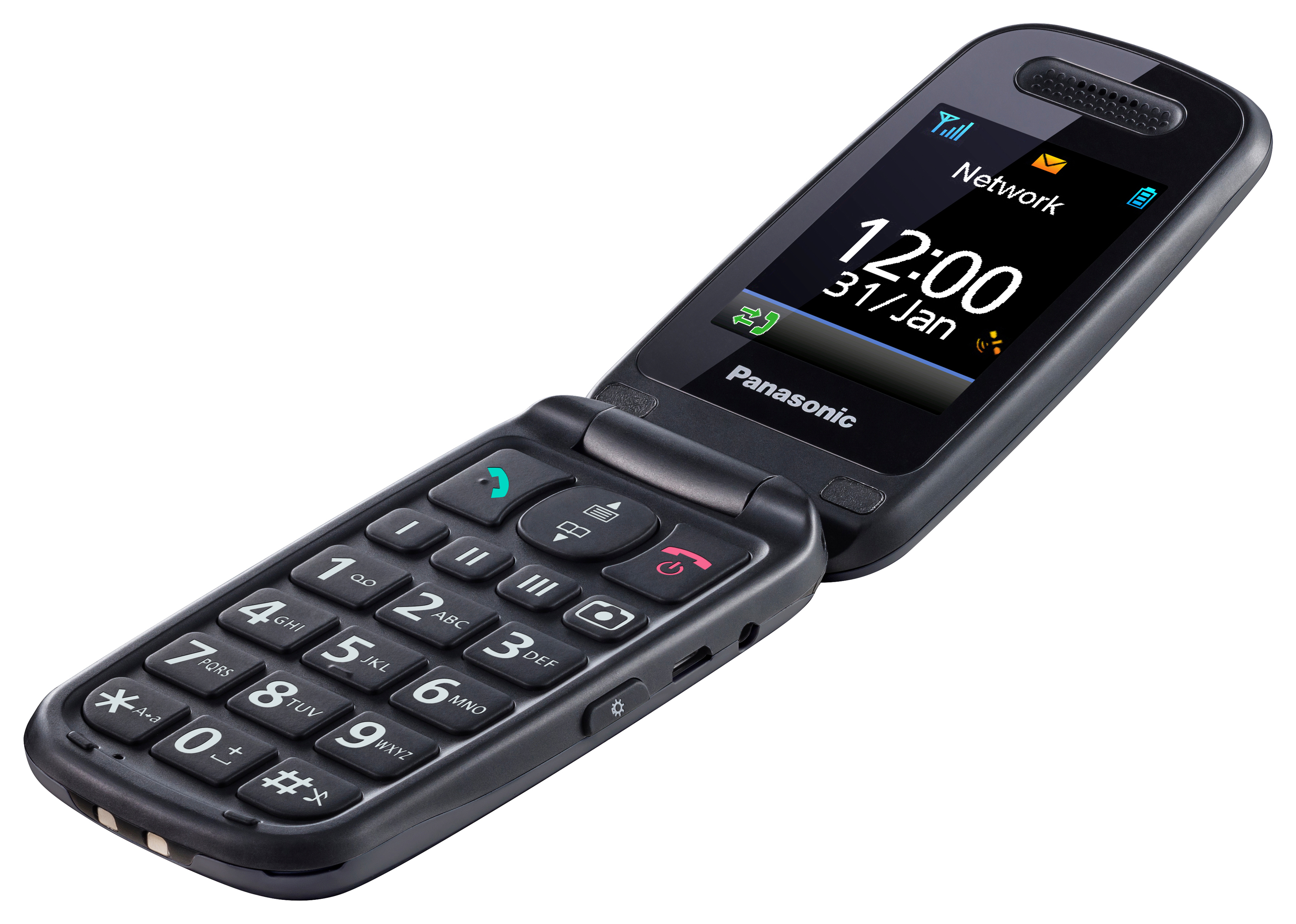 Ein schwarzes Panasonic-Klapphandy ist geöffnet und zeigt Zeit und Signal an.