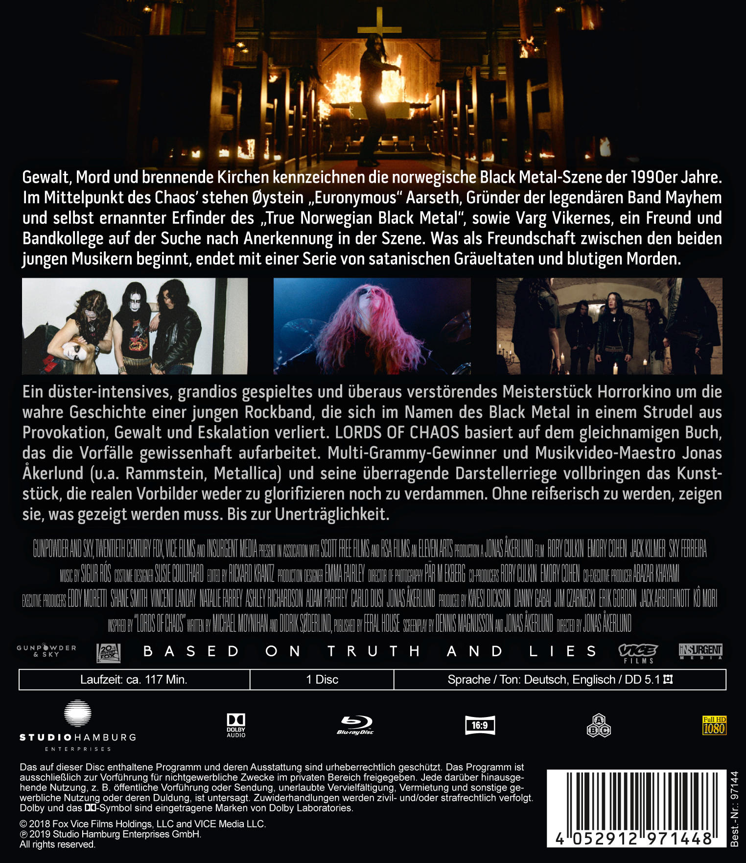 Die Rückseite einer DVD. Text und Bilder, die sich auf einen Film über die Lords of Chaos beziehen.