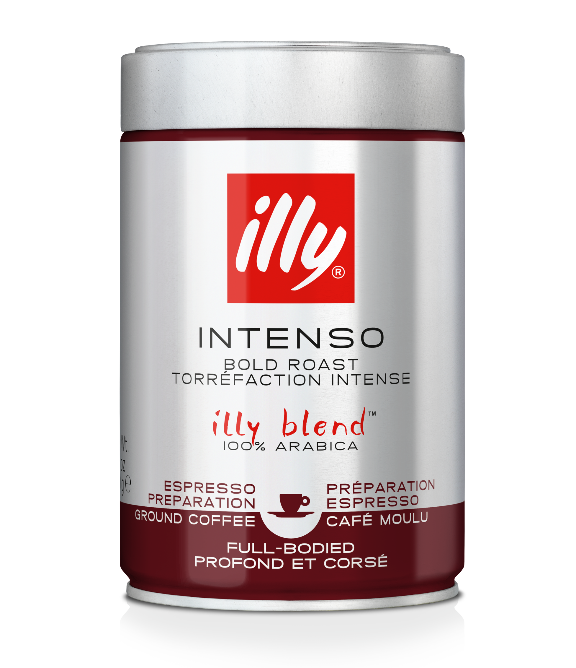 Illy Intenso Kaffeebüchse. Silber mit roten Details und Text.
