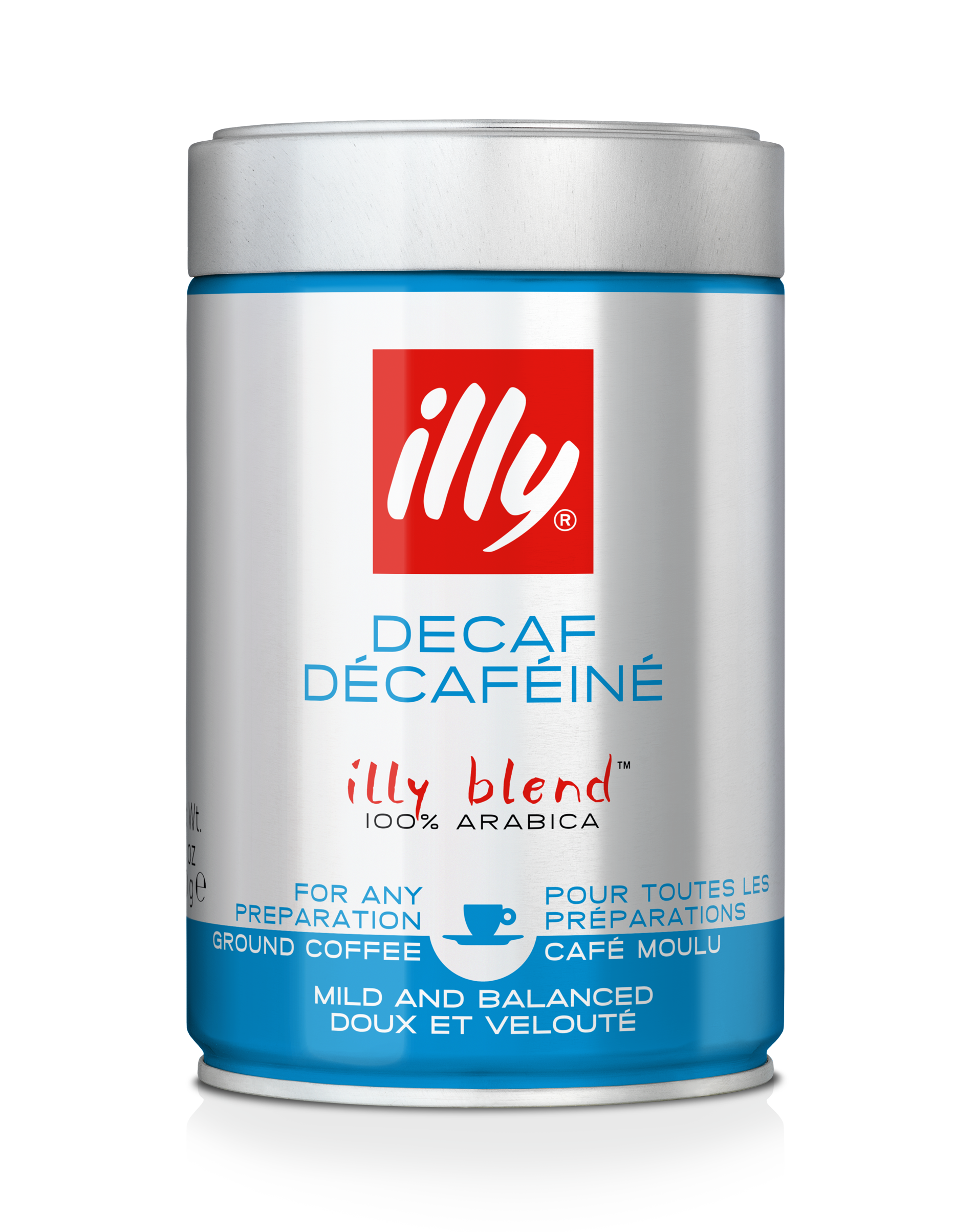 Illy Kaffeebüchse. Rotes und weißes Etikett mit Markennamen und Text. Blauer Boden.
