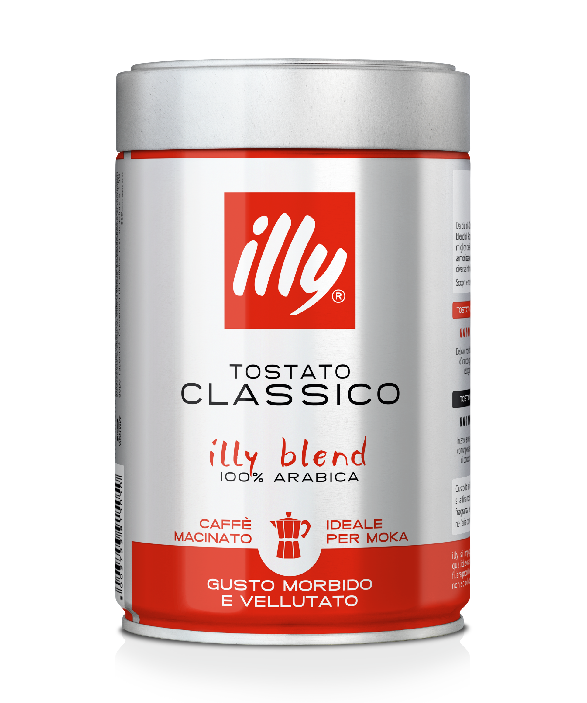 Illy-Kaffeebüchse mit rotem Etikett und weißem Text. Liest sich 'Tostato Classico'.