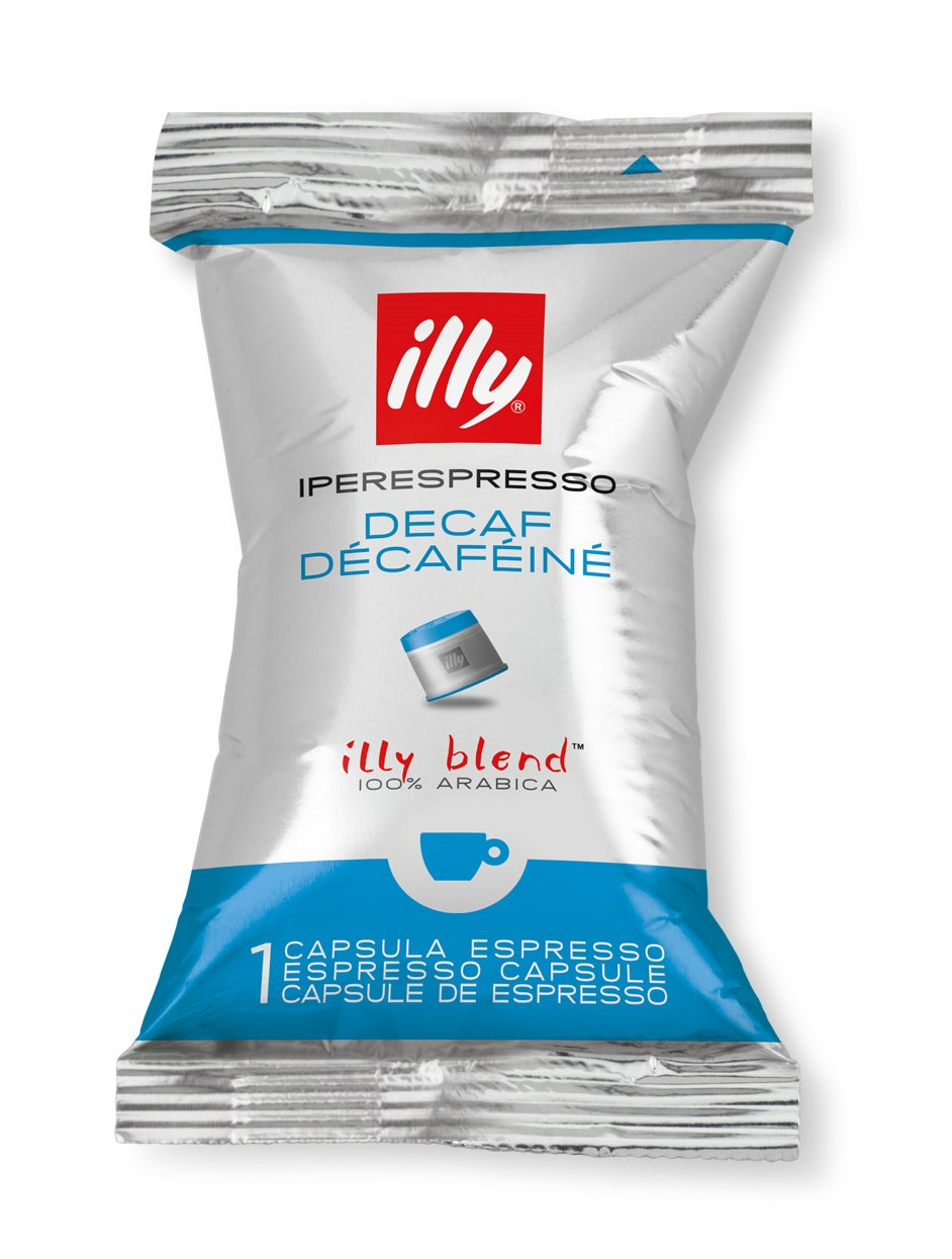 Illy Kaffeekapselverpackung, silber-blaues Design. Illy-Logo. Weißer Hintergrund.