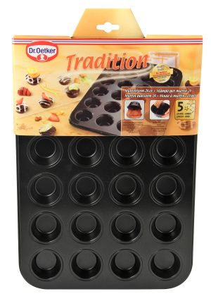 Schwarzes Muffintablett mit 24 Formen, Verpackung mit Muffins oben.