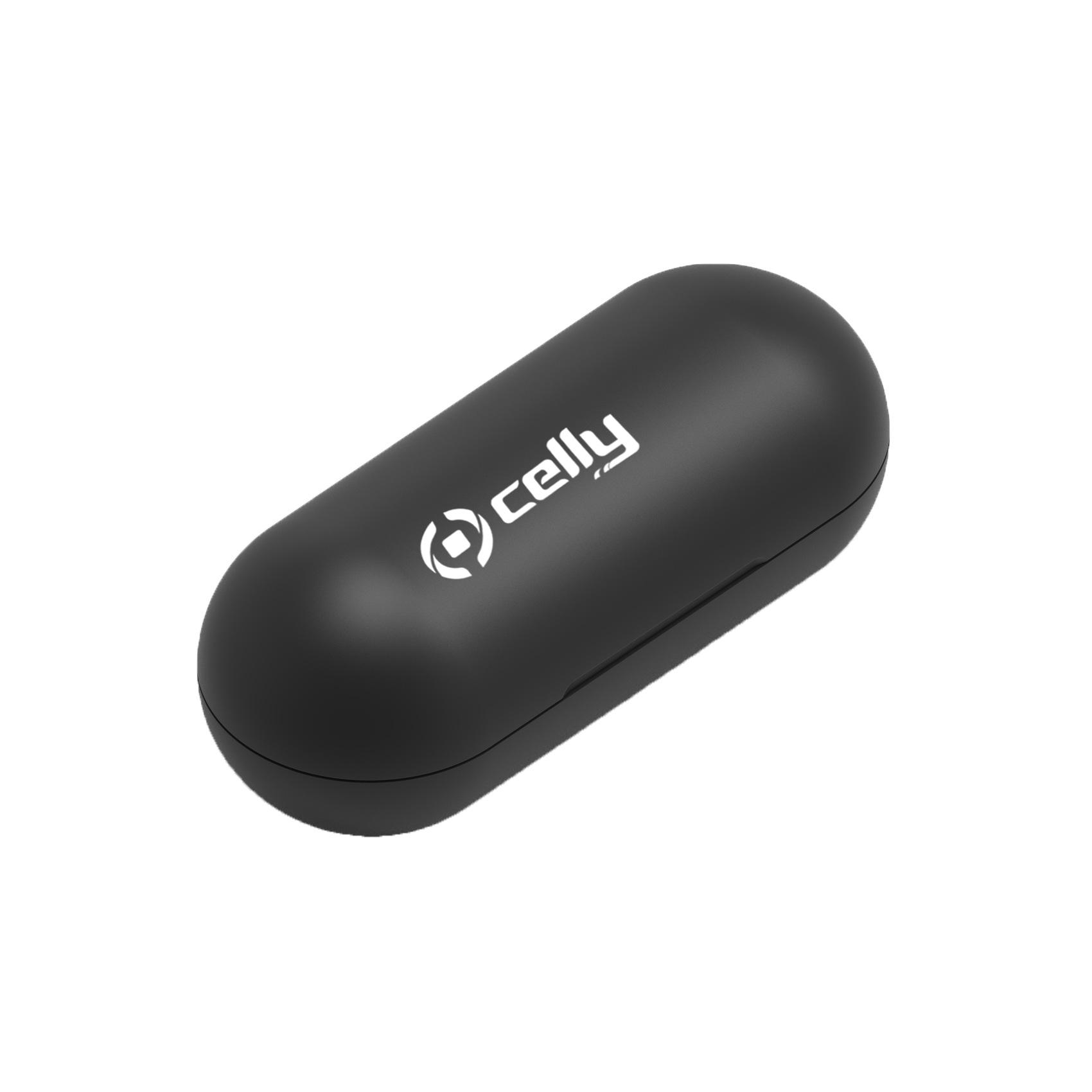 Siyah Celly kulaklık çantası. Çanta, üstünde Celly logosu bulunan oval şekildedir.